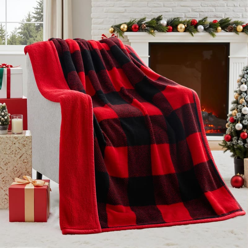 Red and black buffalo plaid fleece throw blanket.