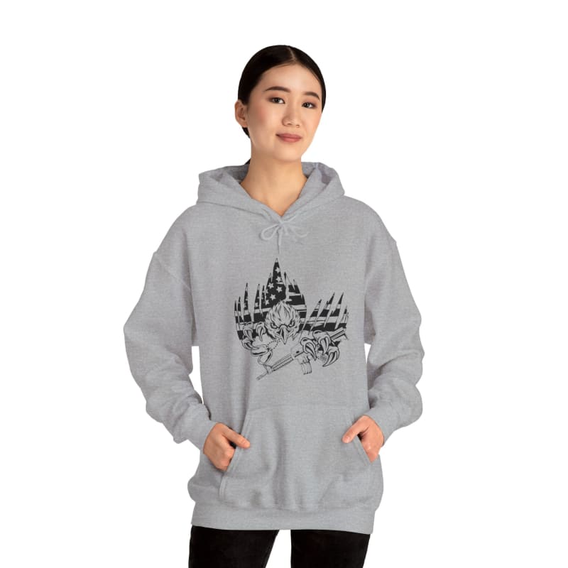 Gray hooded sweatshirt with a graphic design on the front.