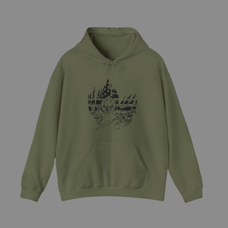 Olive green hooded sweatshirt with a nature-themed graphic print on the front.