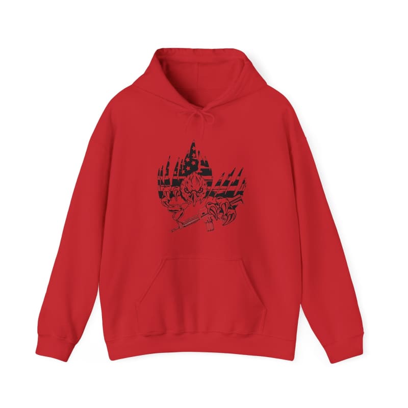 Red hoodie sweatshirt with a black graphic design on the front.