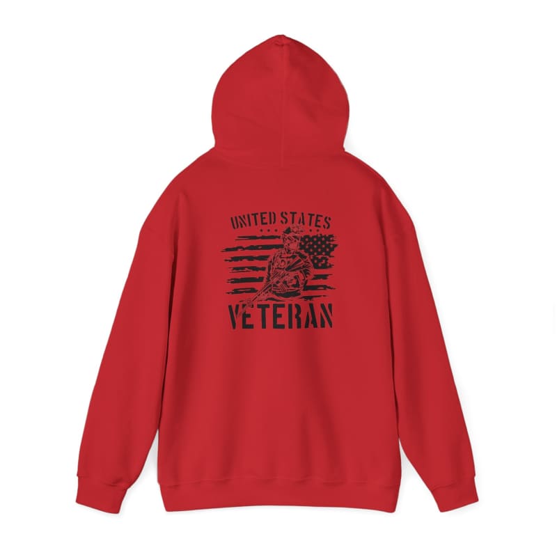 Red hoodie with ’United States Veteran’ text and American flag design on the back.