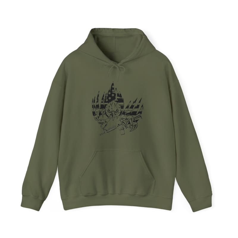 Olive green hoodie sweatshirt with a nature-themed graphic print on the front.