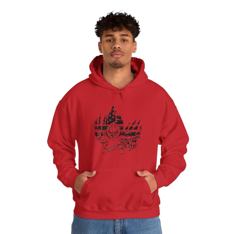 Red hoodie sweatshirt with a black graphic design on the front.