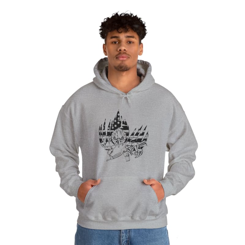 Gray hooded sweatshirt with a black graphic design on the front.