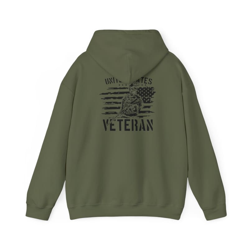 Military-style olive green hoodie with ’United States Veteran’ text and American flag graphic on the back.