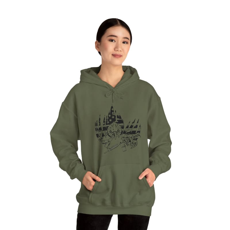 Olive green hooded sweatshirt with a graphic design on the front.