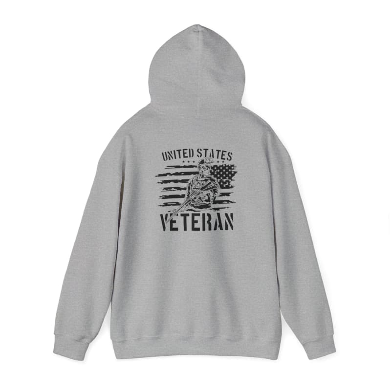 Gray hoodie sweatshirt with ’United States Veteran’ text and a patriotic design on the back.