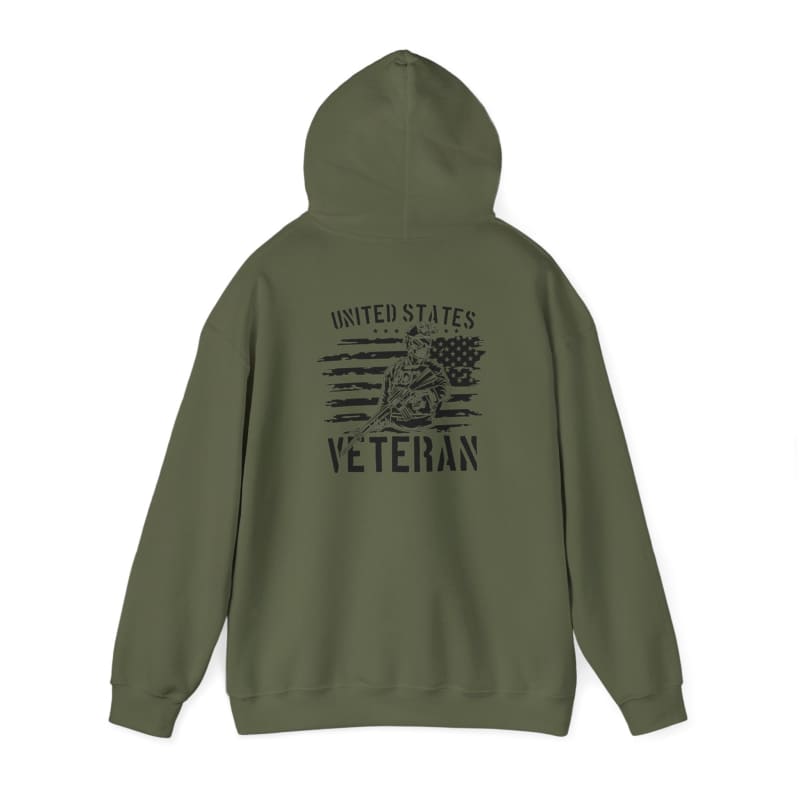 Military-green hoodie with ’United States Veteran’ text and patriotic design on the back.