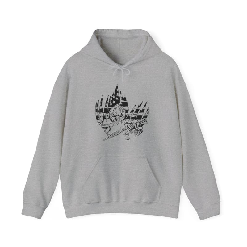 Light gray hoodie sweatshirt with a black graphic design on the front.