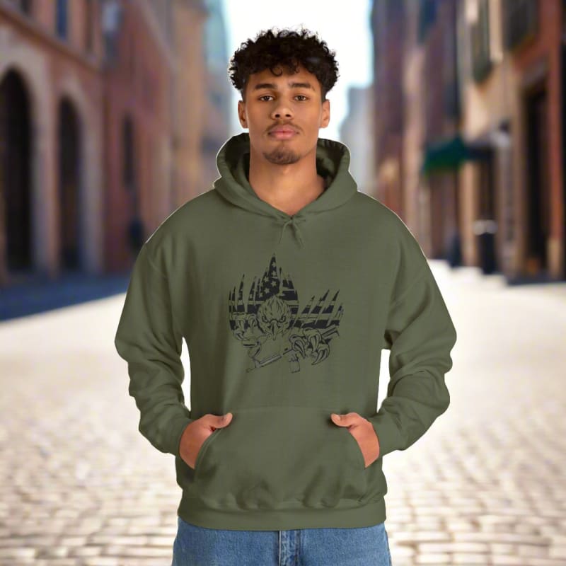 Green hoodie sweatshirt with a graphic design on the front.