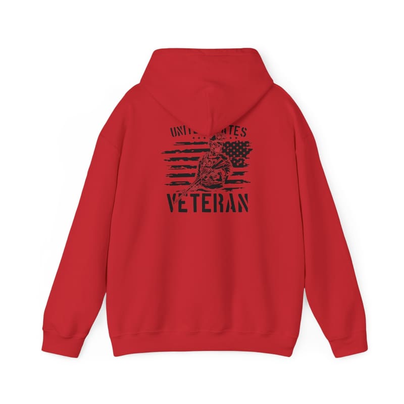 Red sweatshirt with ’United States Veteran’ text and American flag graphic on the back.