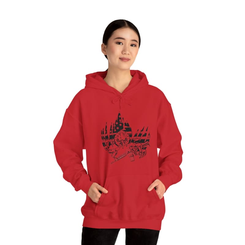 Red hooded sweatshirt with a black graphic design on the front.