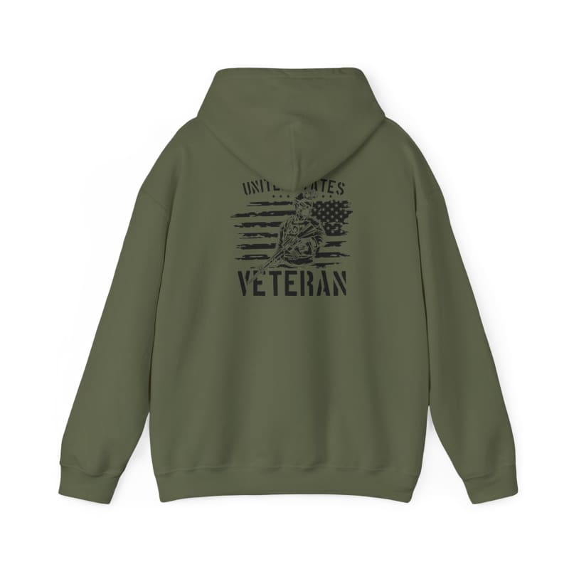 Military-style olive green hoodie with ’United States Veteran’ text and patriotic graphics printed on the back.