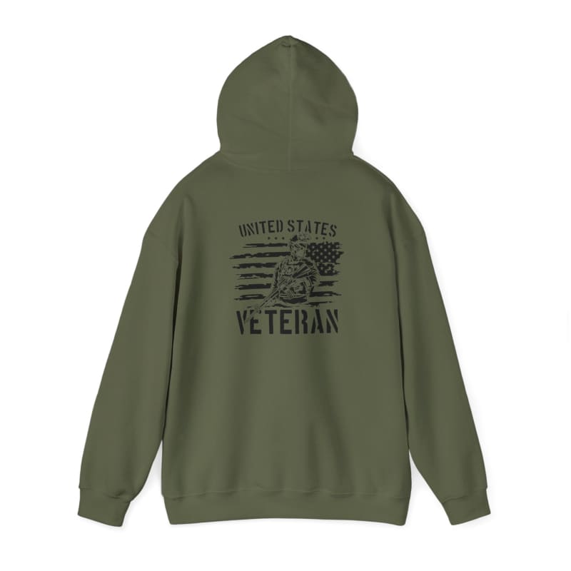 Military-green hoodie with ’United States Veteran’ text and flag design on the back.