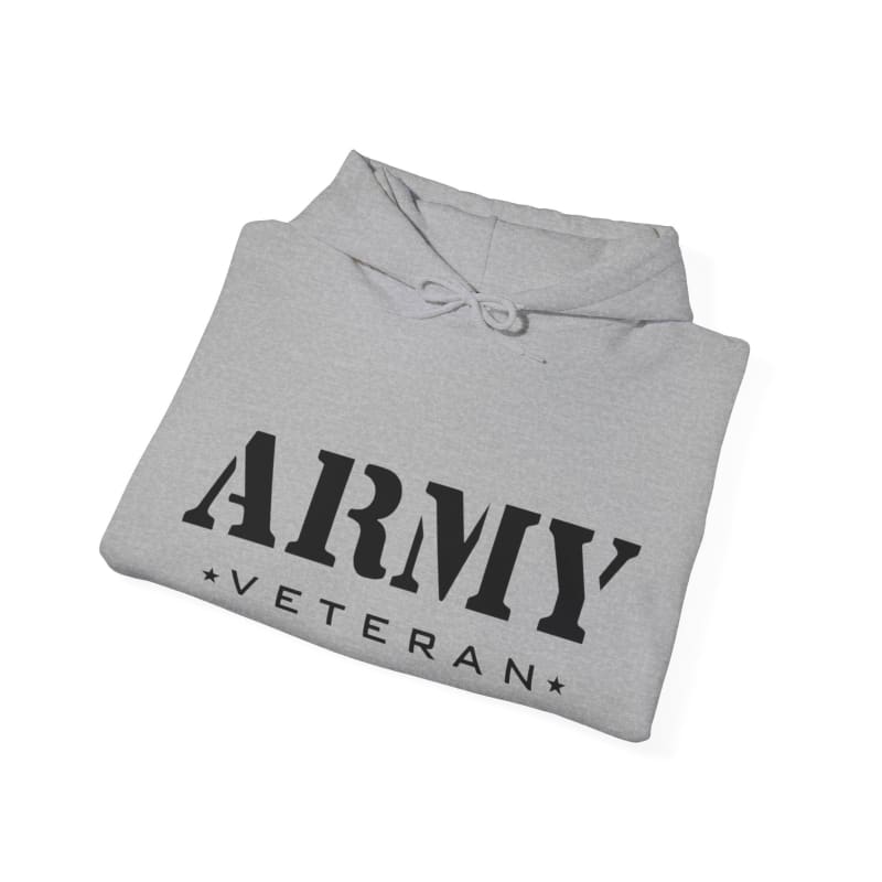 Folded gray sweatshirt with ’ARMY VETERAN’ printed on it.