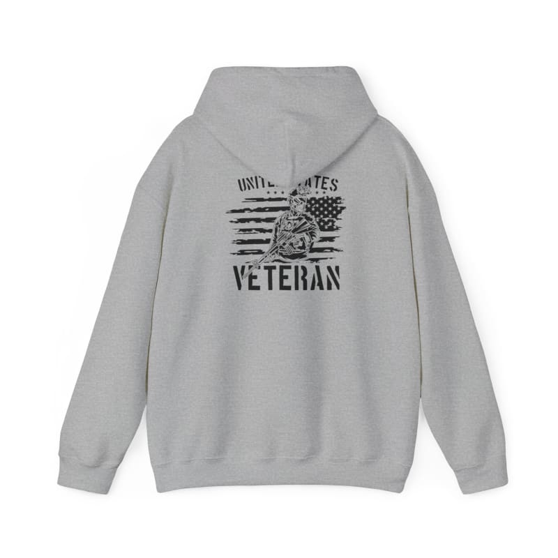 Gray hoodie with ’United States Veteran’ text and patriotic design on the back.