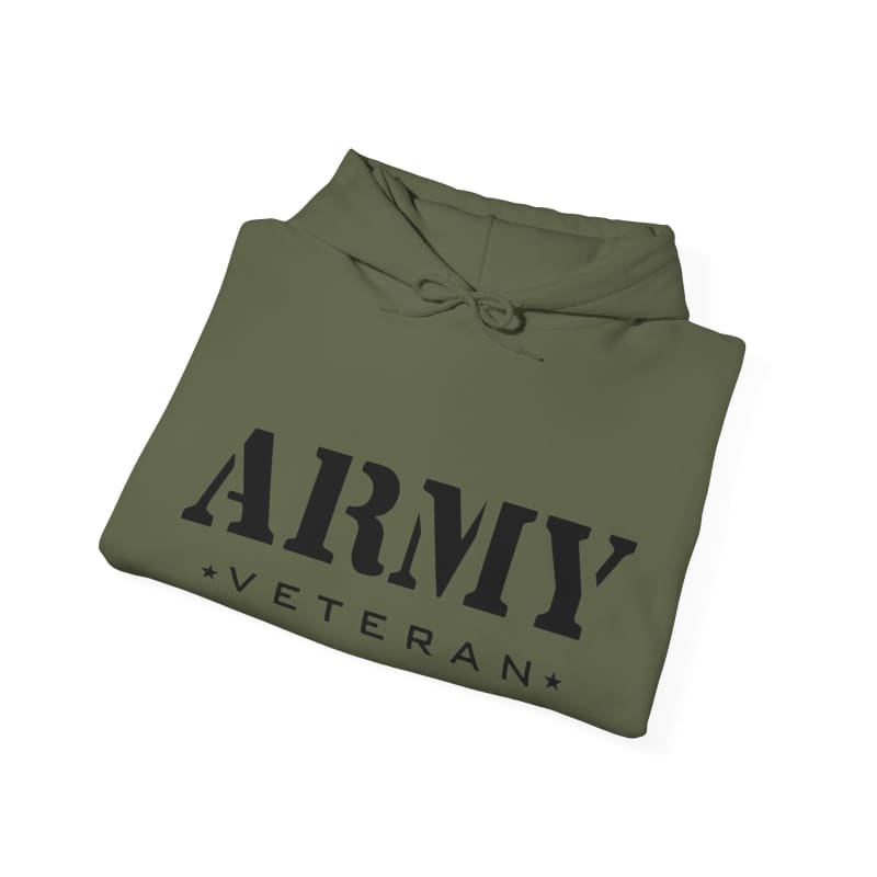 Olive green hoodie with ’ARMY VETERAN’ printed on it in black letters.