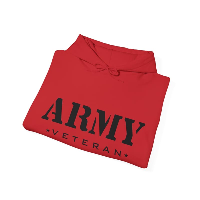 Red folded sweatshirt or hoodie with ’ARMY VETERAN’ printed in black letters on the front.