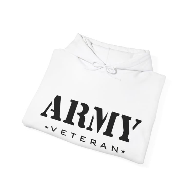 White hoodie with ’ARMY VETERAN’ printed in black text on the front.