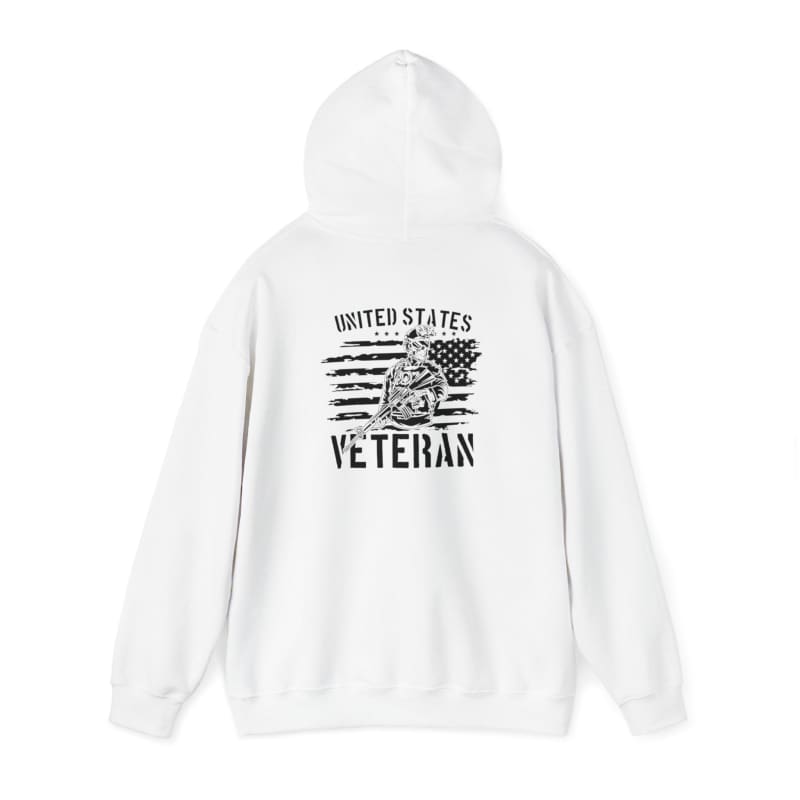 White hoodie with ’United States Veteran’ text and patriotic design on the back.