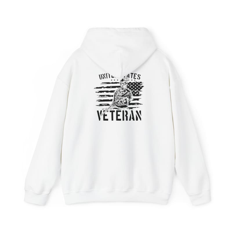 White hoodie with a ’United States Veteran’ design featuring an American flag and military helmet graphic on the back.