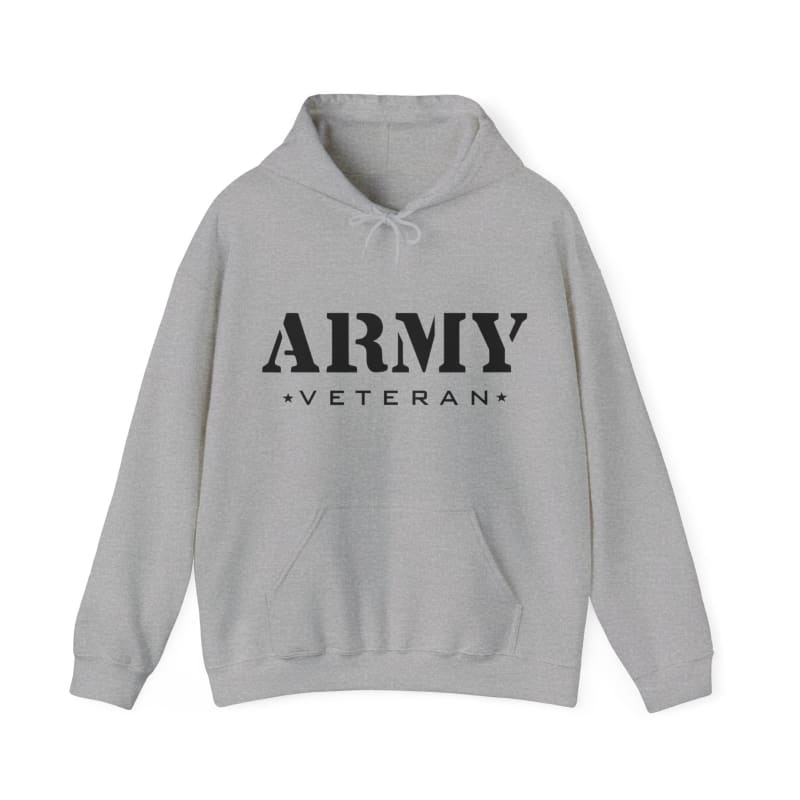 Gray hoodie sweatshirt with ’ARMY VETERAN’ printed on the front.