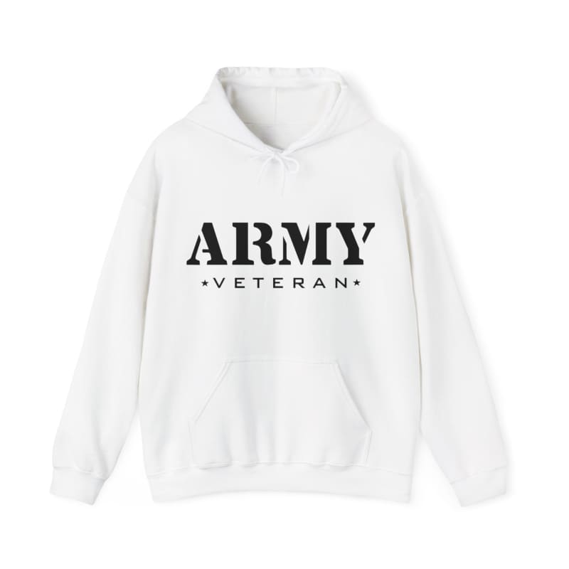 White hoodie with ’ARMY VETERAN’ printed in black text on the front.