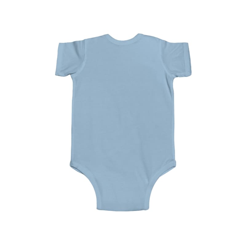 Light blue baby onesie with short sleeves.