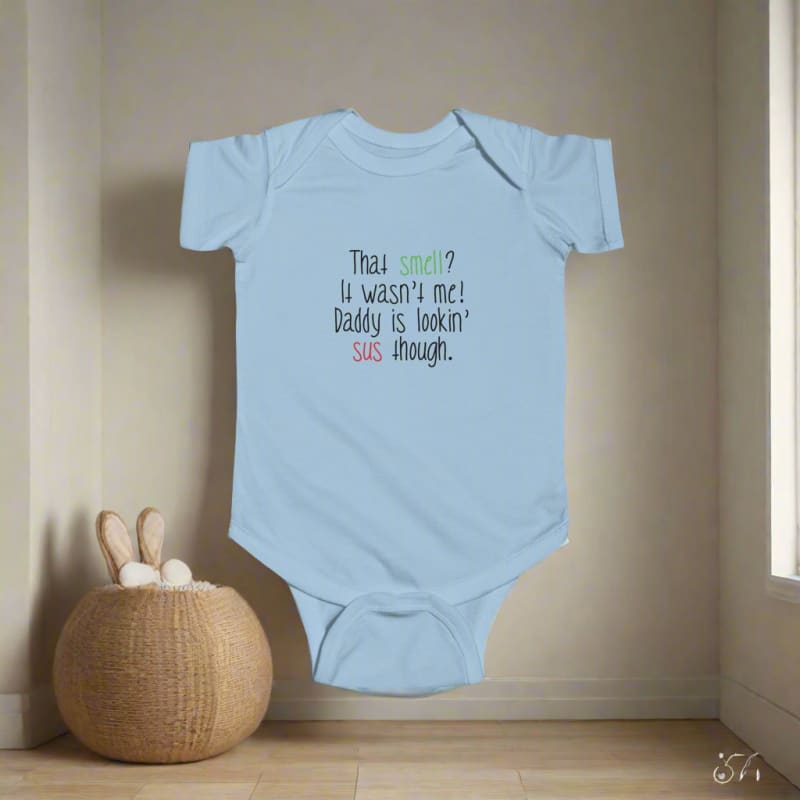 Light blue baby onesie with humorous text about smelling.