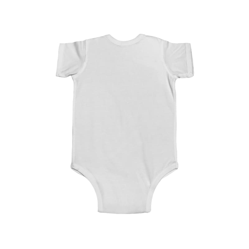 White infant onesie with short sleeves.