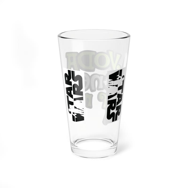 Clear glass tumbler with ’Star Wars’ text printed in black and white on the side.