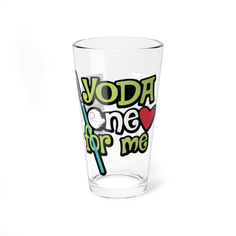 Clear drinking glass with colorful text saying ’YODA one for me’ and a heart symbol.