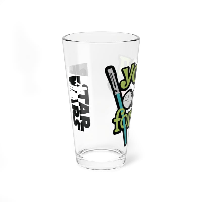 Clear glass tumbler with Star Wars and colorful graffiti-style logos printed on the side.