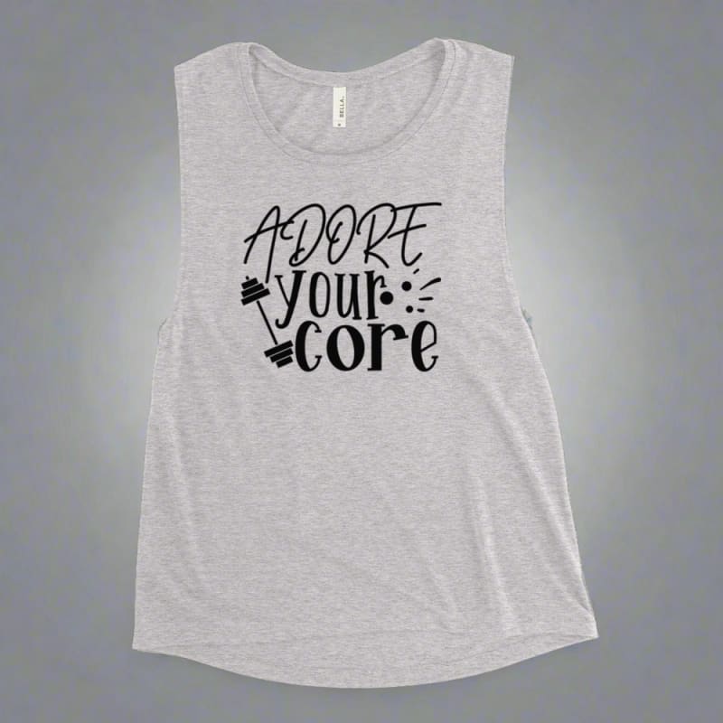 Light gray sleeveless tank top with ’Adore your core’ text printed in black.