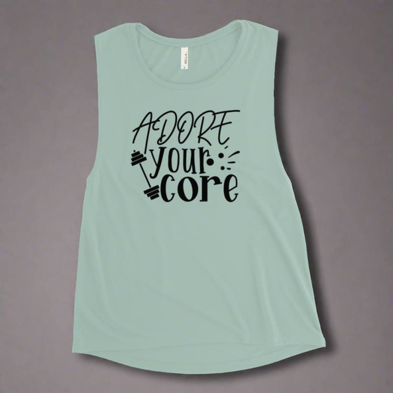 Mint green sleeveless tank top with ’Adore your core’ text printed on it.