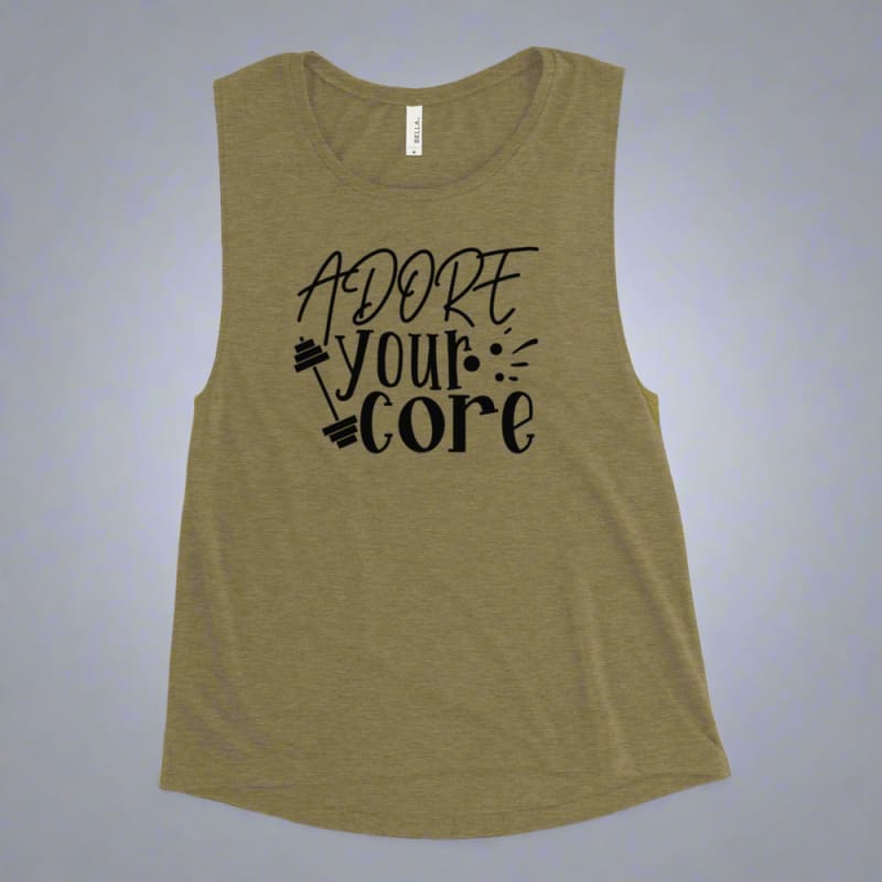 Olive green sleeveless tank top with ’Adore your core’ text printed on the front.