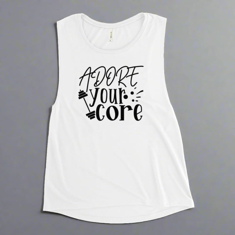 White sleeveless tank top with ’Adore your core’ text printed on it.