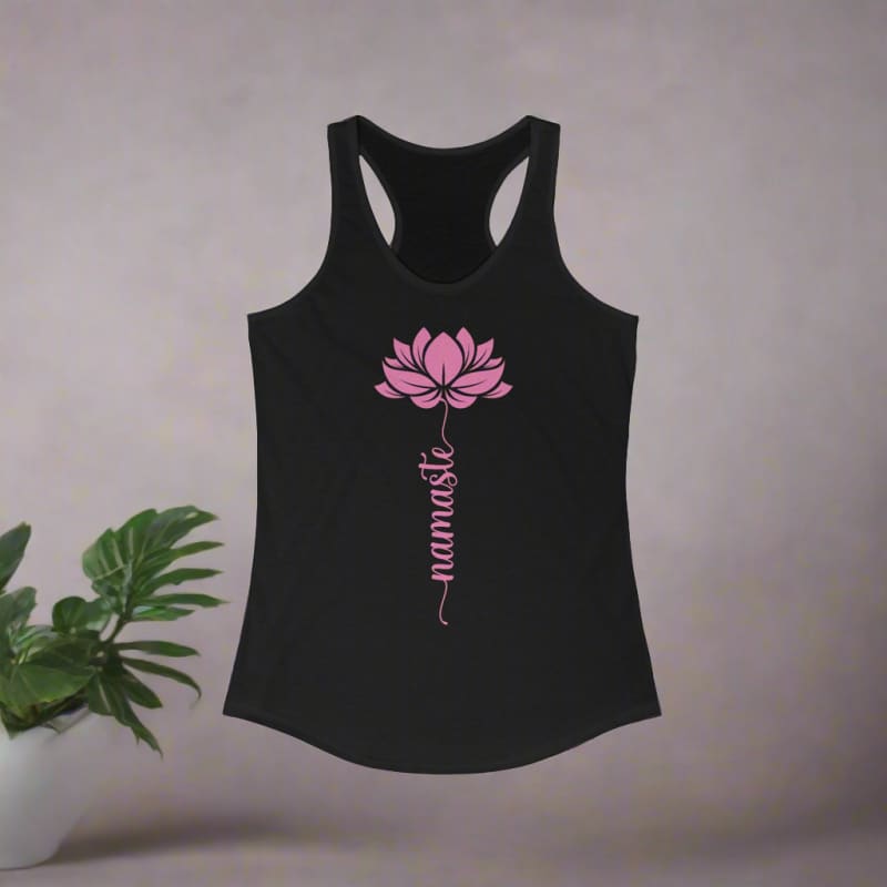 Black tank top with a pink lotus flower and ’Namaste’ text design.