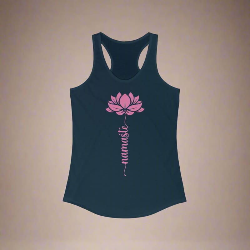 Dark blue racerback tank top with a pink lotus flower design.