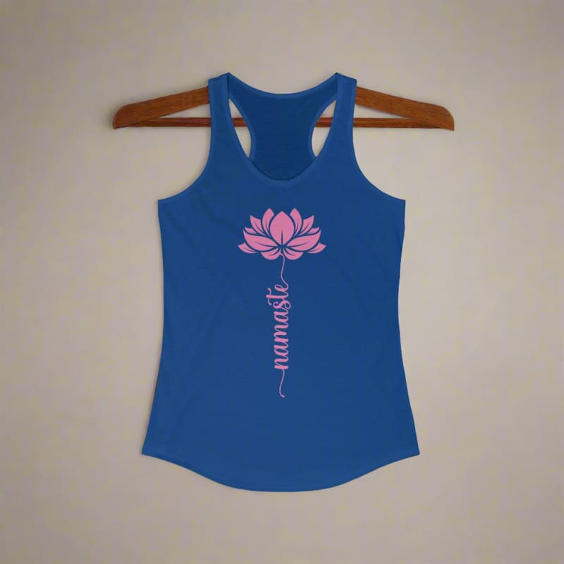 Blue tank top with a pink lotus flower design and the word ’Namaste’ printed vertically.