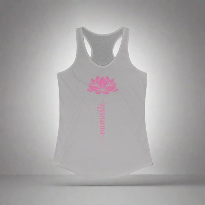 White tank top with a pink lotus flower design.