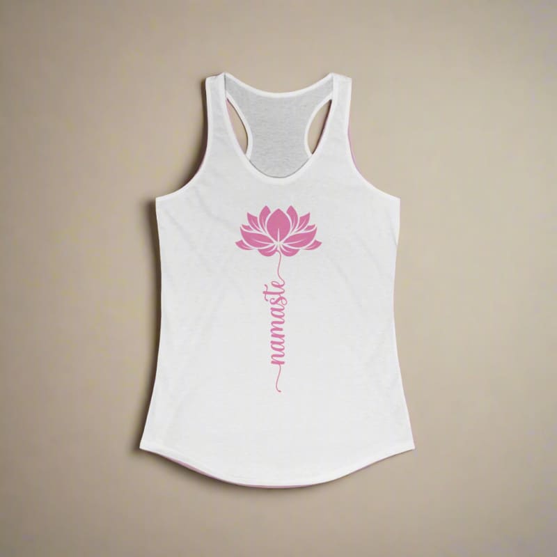 White tank top with a pink lotus flower and ’Namaste’ text design.