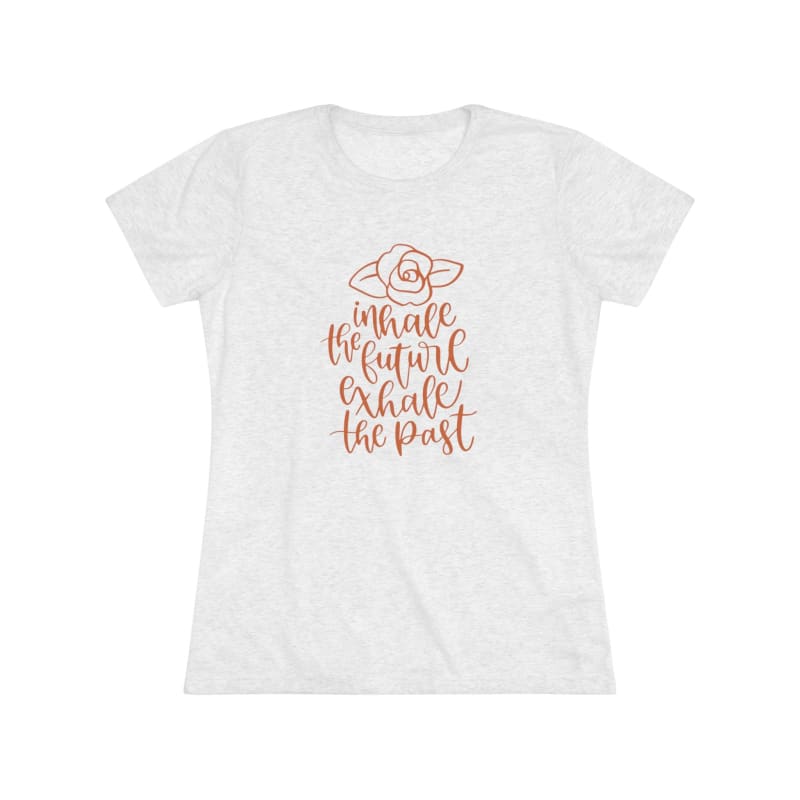 White t-shirt with rose gold lettering and a small flower design.