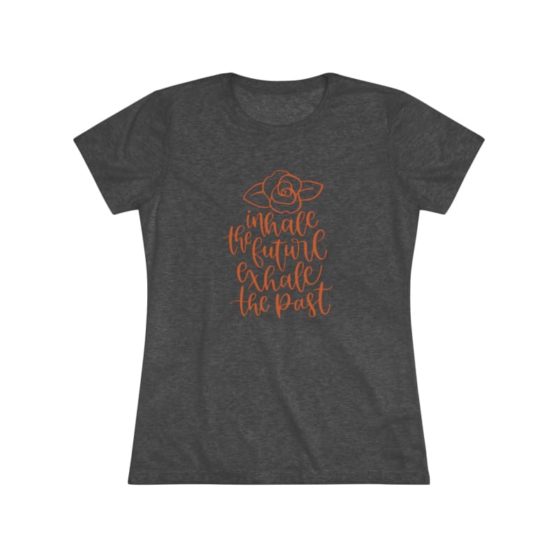 Dark gray women’s t-shirt with orange cursive text design on the front.