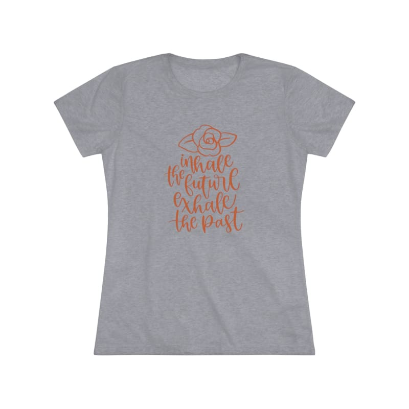 Light gray women’s t-shirt with coral-colored text design.