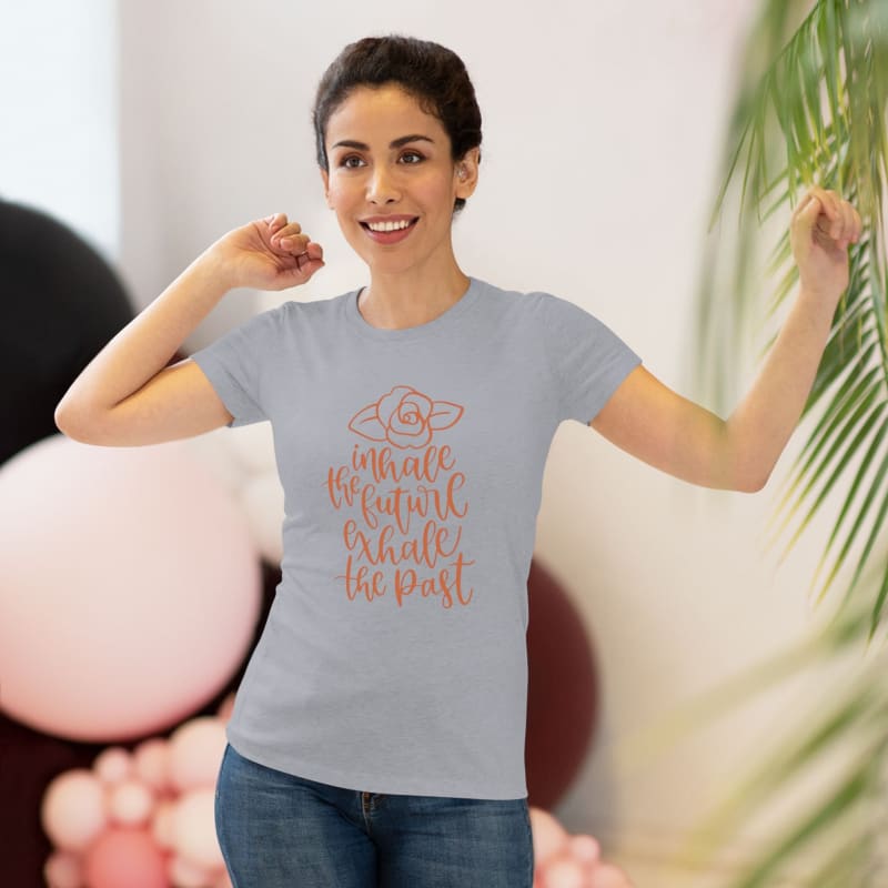 Gray t-shirt with a floral-themed inspirational quote in peach lettering.