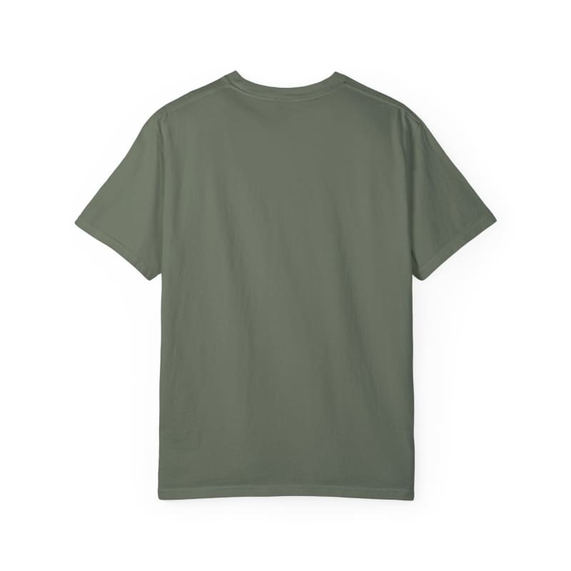 Olive green short-sleeved t-shirt.