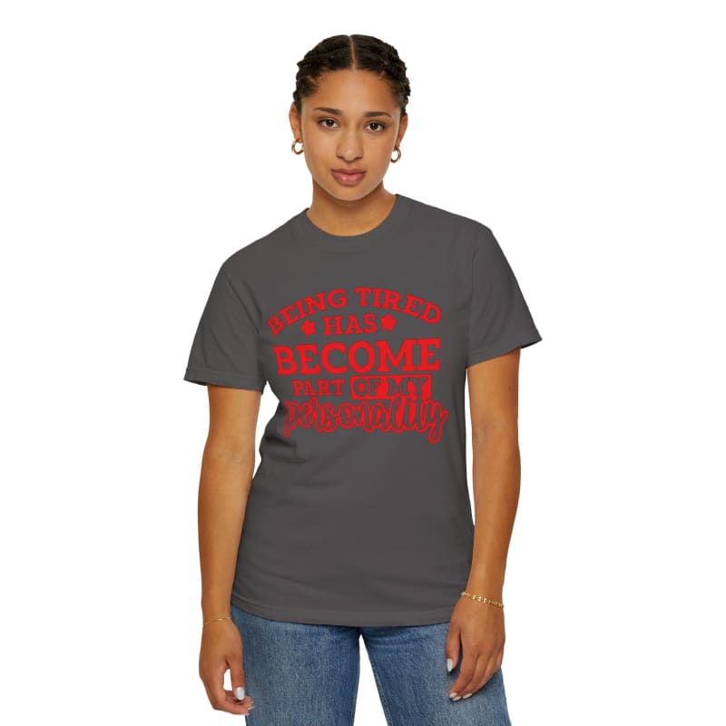 Gray t-shirt with red text printed on the front.