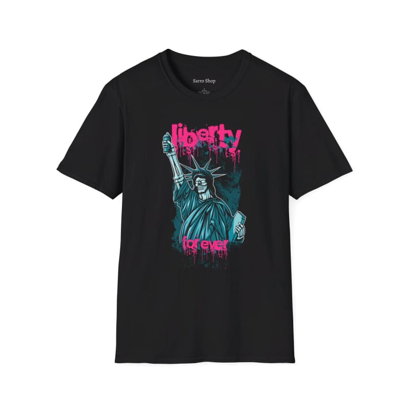 Black t-shirt featuring a colorful graphic of the Statue of Liberty with ’Liberty’ text.