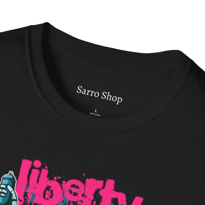 Black t-shirt with a colorful graphic design and ’Sarro Shop’ printed on the collar.